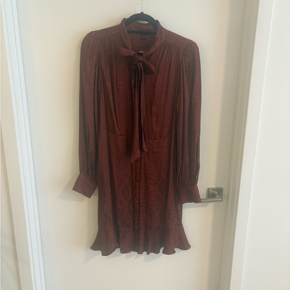 Express Brown Tie Front Ruffled Satin Dress - Picture 1 of 9